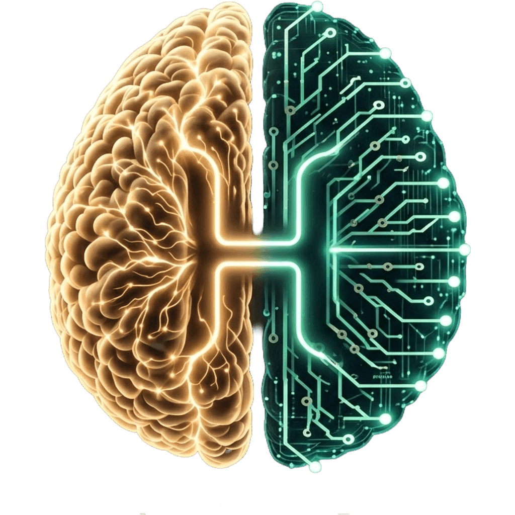The Honistee brain mark — a human hemisphere in amber beside a circuit hemisphere in mint
